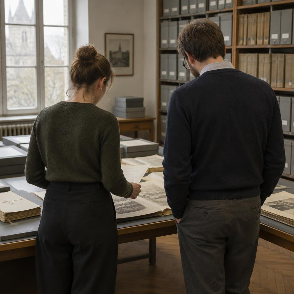 Zwei Personen von hinten, die gemeinsam in einem Archiv Dokumente durchsehen
