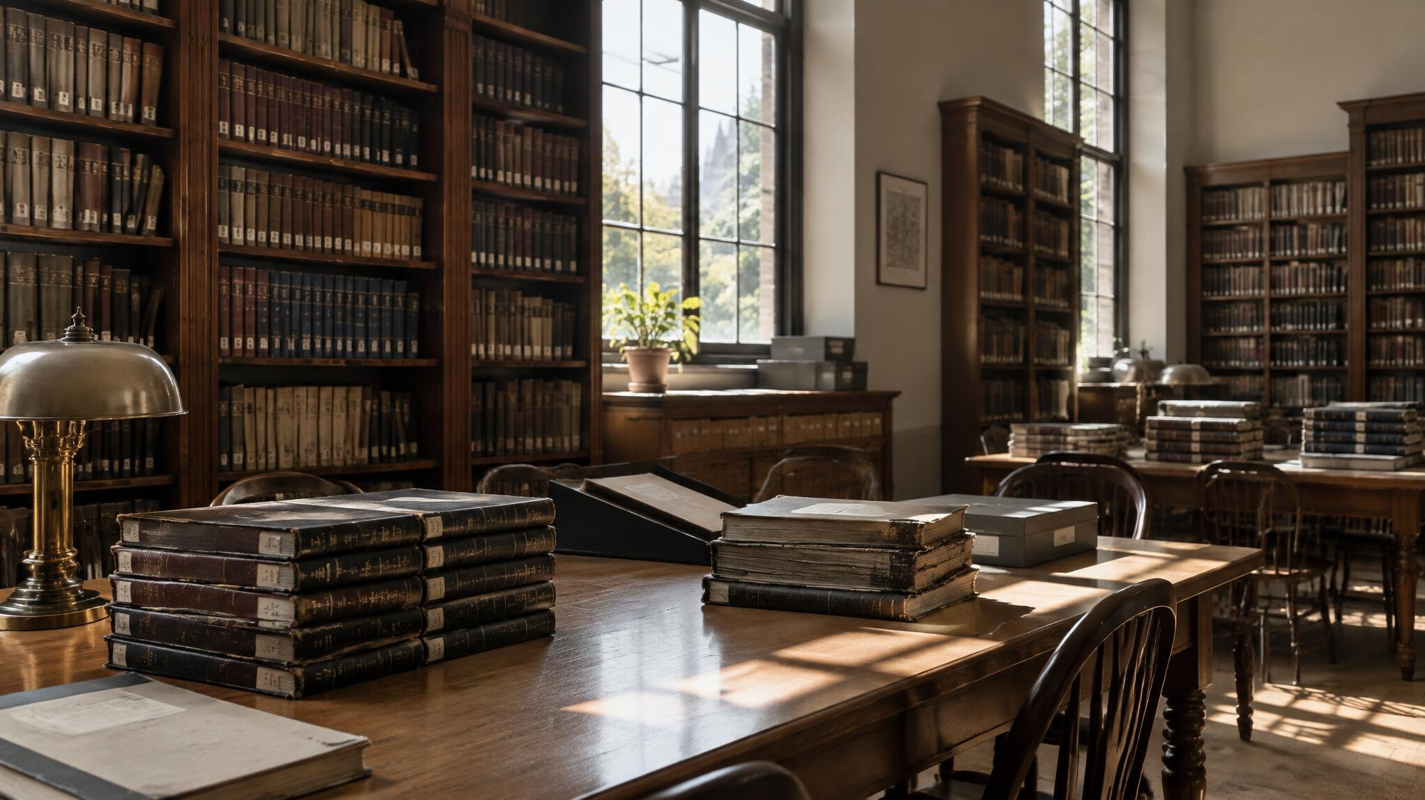Sonnendurchflutetes Archivzimmer mit alten Büchern und Aktenregalen