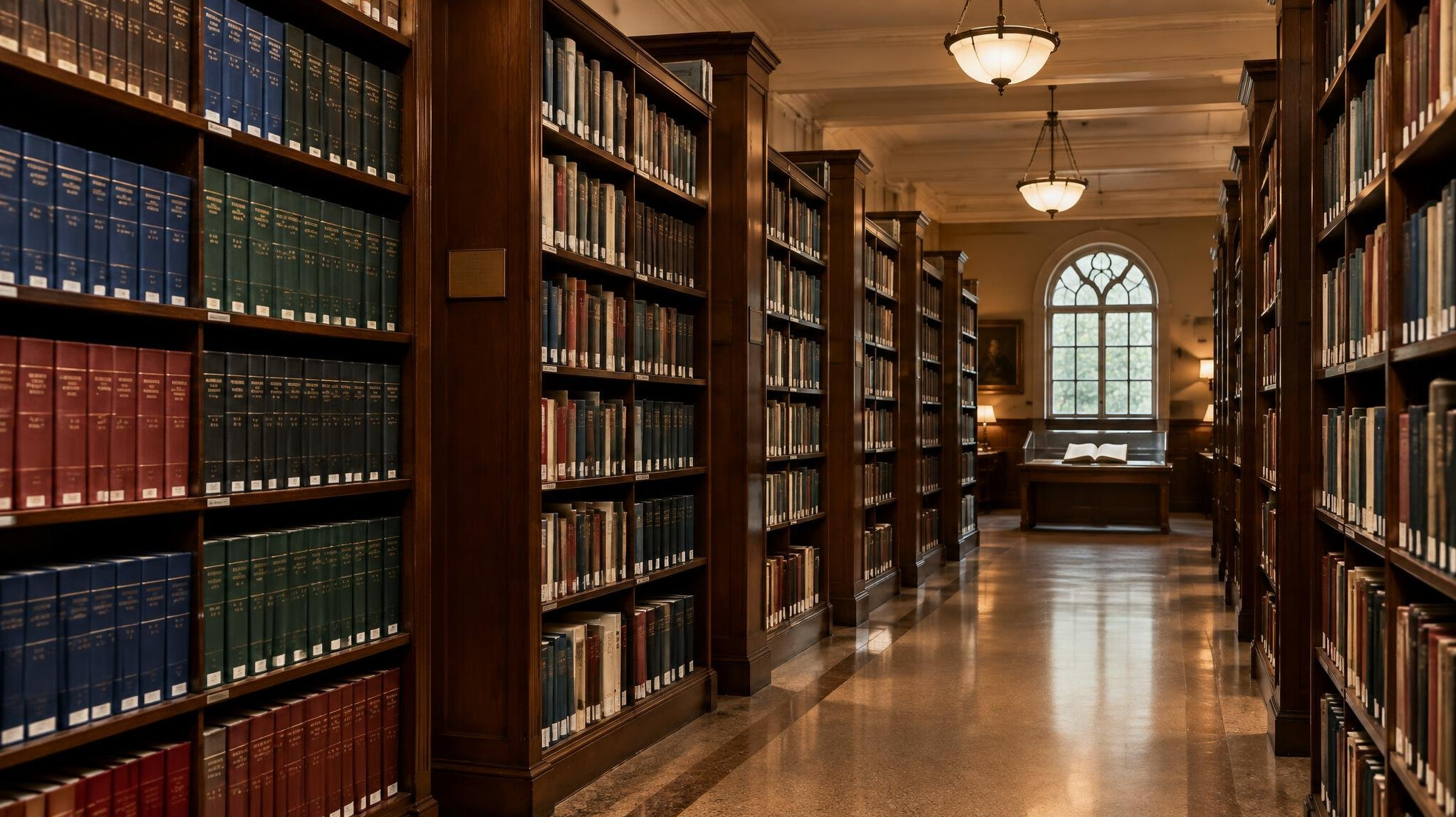 Bibliotheksregale mit gebundenen Fachzeitschriften in warmem Licht